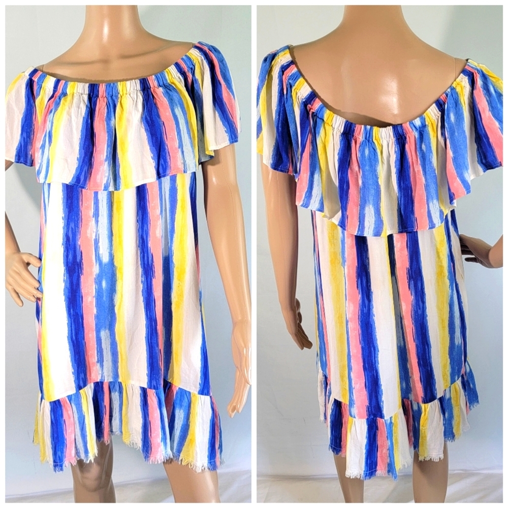 Umgee Yellow and Blue Ruffled Off-the-Shoulder Sundress